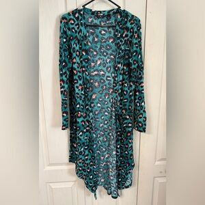Teal/green Leopard Print Long Cardigan